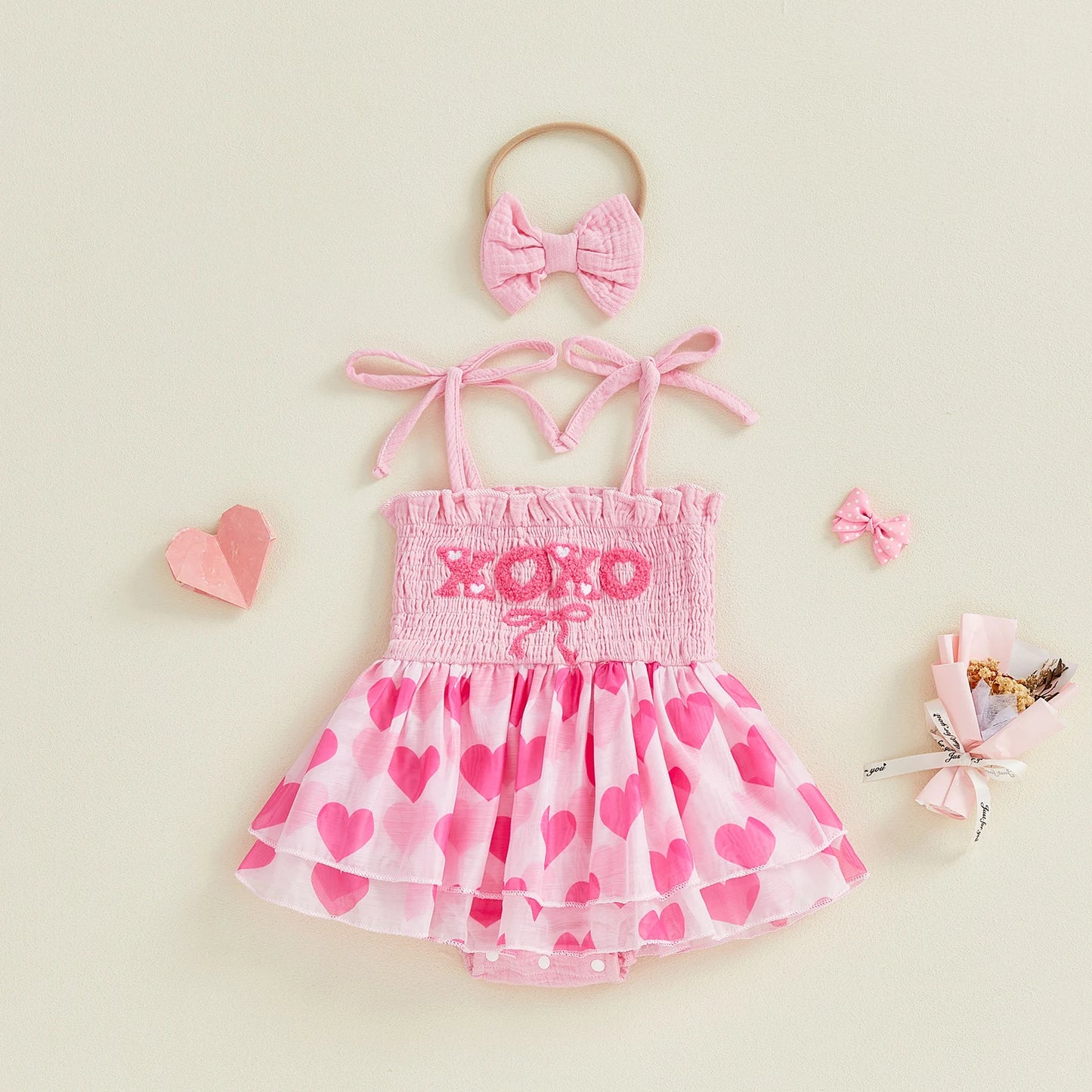 Baby Valentine's Day Romper Set - Letter Embroidery Jumpsuit with Bow Headband