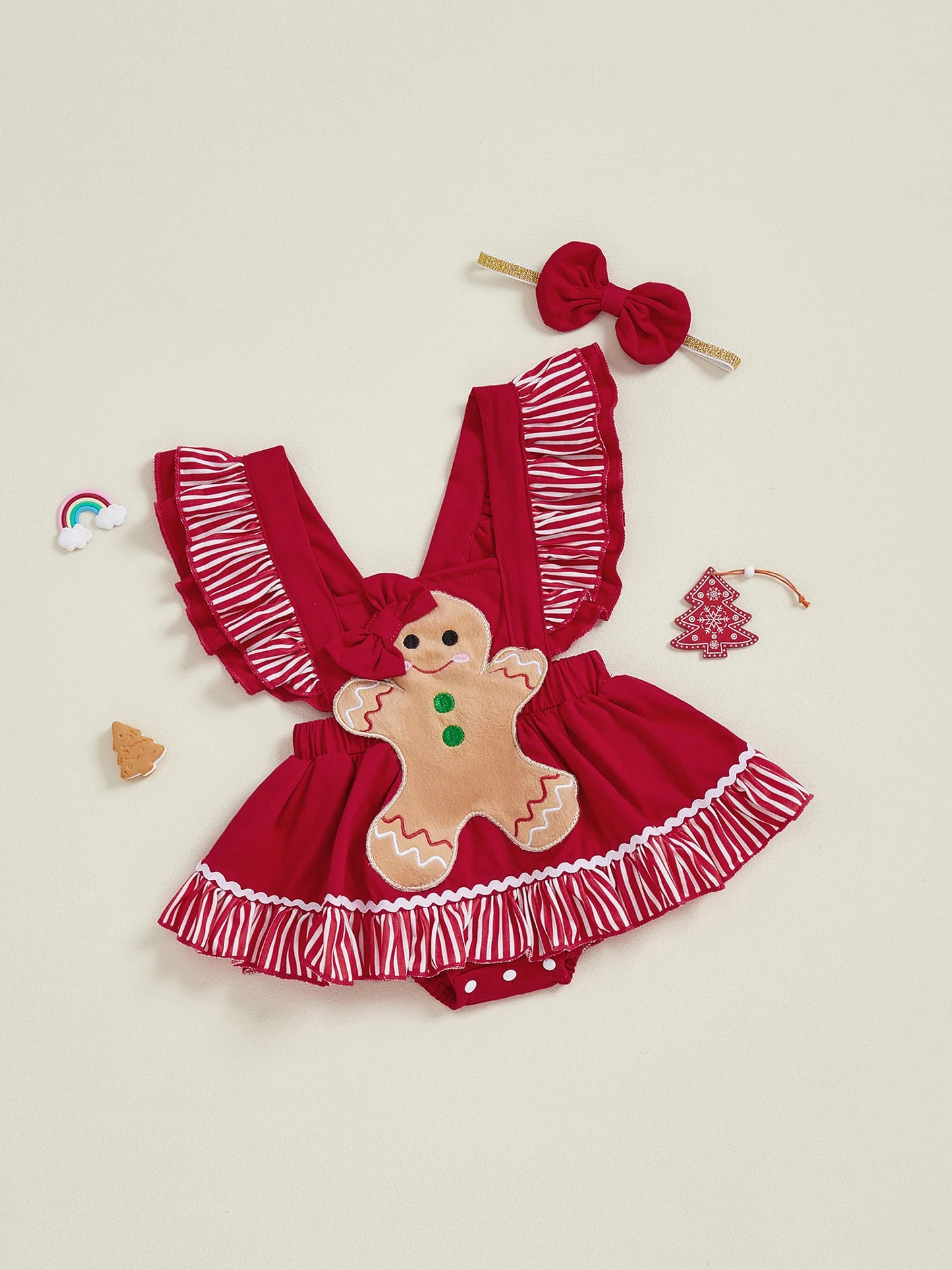 Baby Girls Christmas Romper Dress - Gingerbread Man Flying Sleeve Jumpsuit with Bow Headband (0-18M)