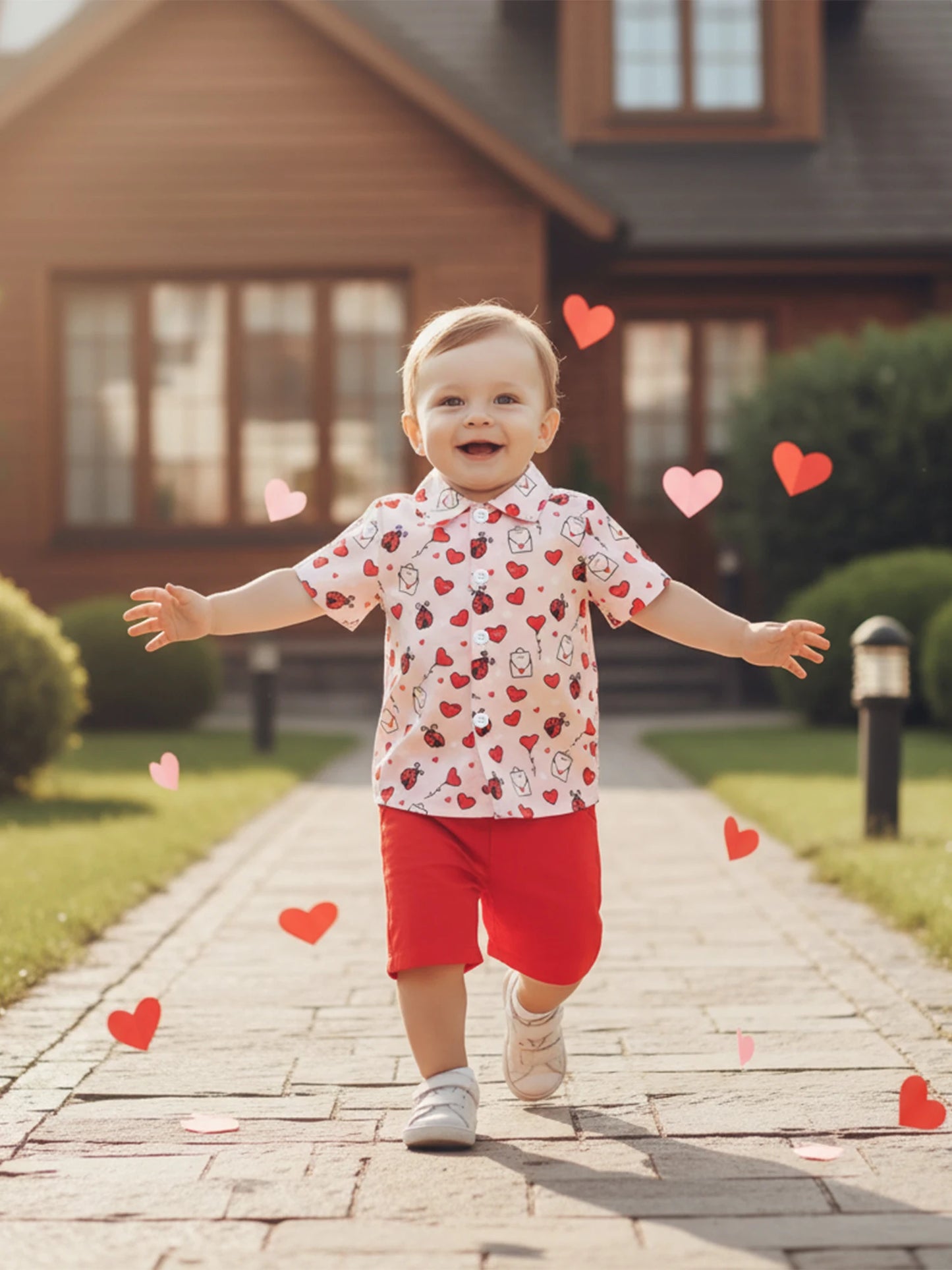 Toddler Boys Valentine's Day Gentleman Outfit Set - Heart Print Shirt & Shorts 1-5Y