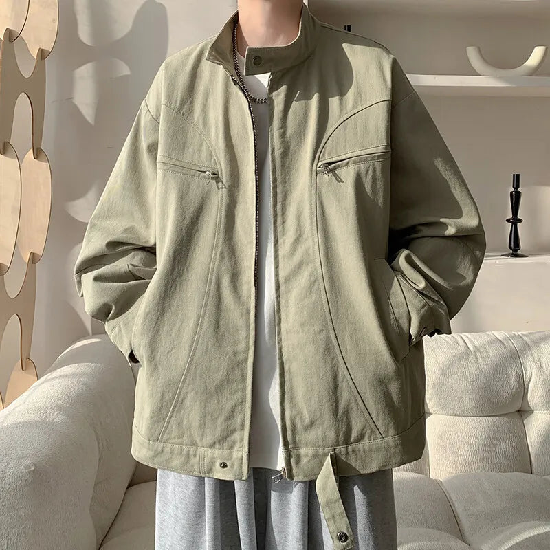 Men's High Street Patchwork Jacket - Cotton Stand Collar Loose Outerwear