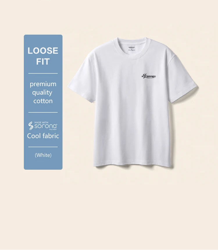 White t-shirt with branding and text on a beige background