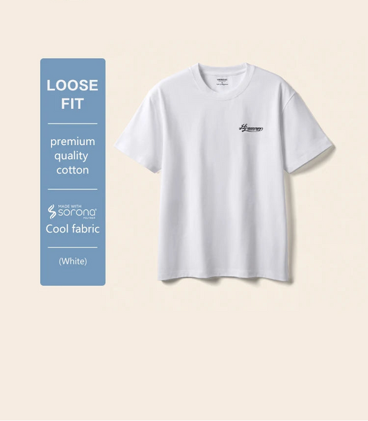 White t-shirt with branding and text on a beige background