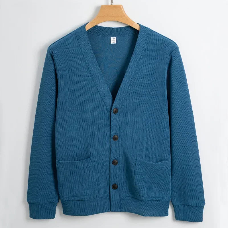 Men's Knitted V-Neck Cardigan - 80% Cotton Casual Sweater