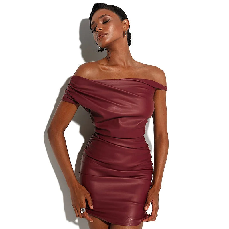 Women's PU Leather Ruched Sleeveless Mini Party Elegant One Shoulder Bodycon Dress