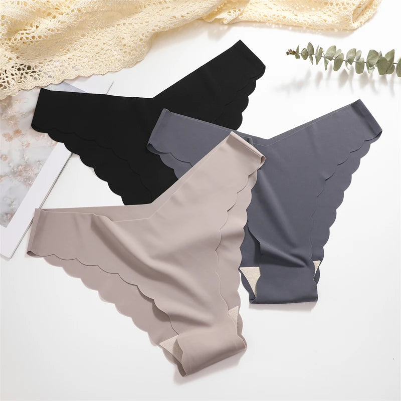 Women's 5Pcs Ice Silk Ruffles Underwear V Waist Panties Seamless Low-Waist Briefs  Comfortable Lingerie