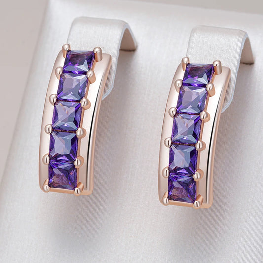 Shiny Square Purple Zircon Drop Earrings - Rose Gold Bridal Jewellery