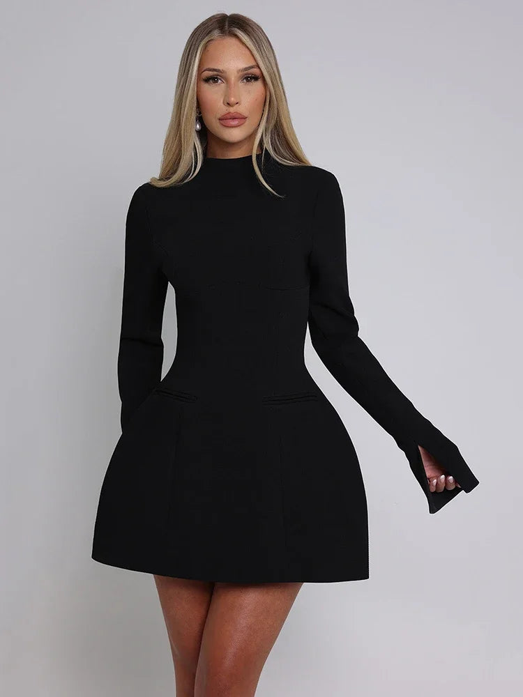 Women's Long Sleeve Backless Mini Round Neck High Waist A-line Bodycon Dress