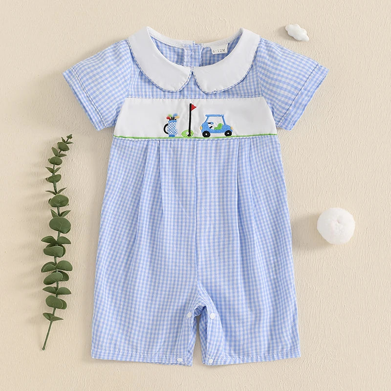 Baby Boys Romper - Doll Collar Golf Embroidery Plaid Jumpsuit