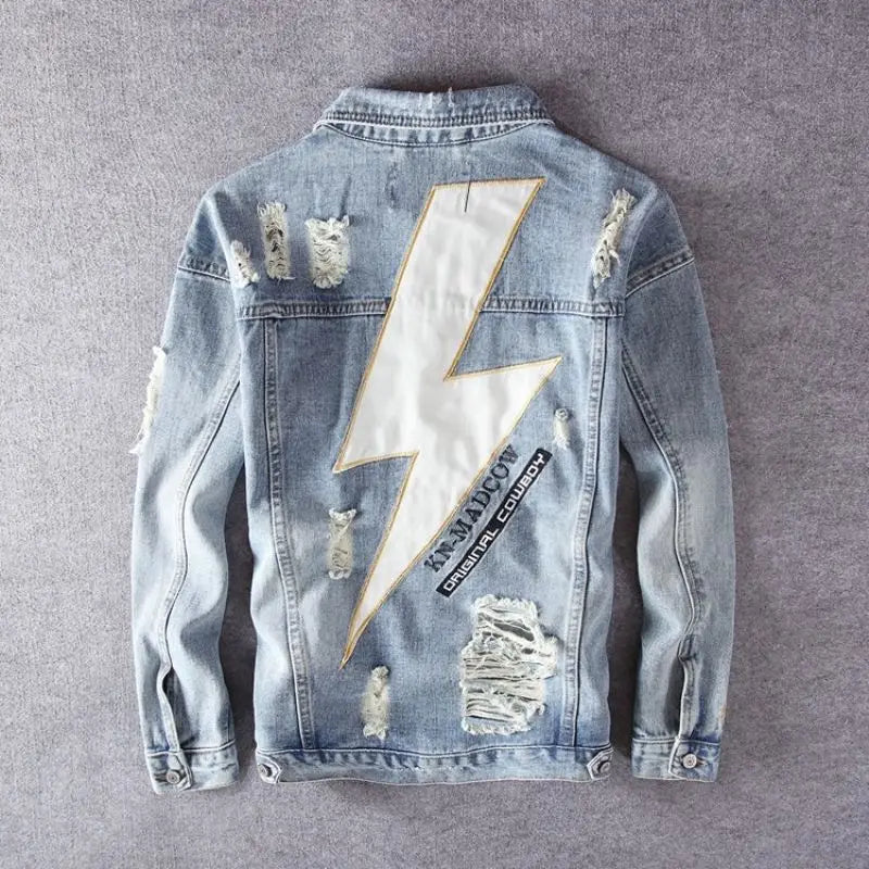 Men's Embroidered Denim Jacket - Retro Ripped Street Style