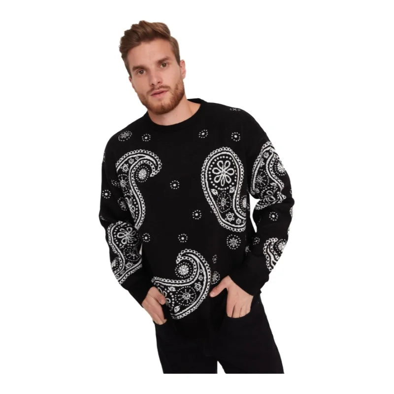 Men's Pullover Oversize Standard Sleeve Paisley Crew Neck Knitwear Unprinted Sweater