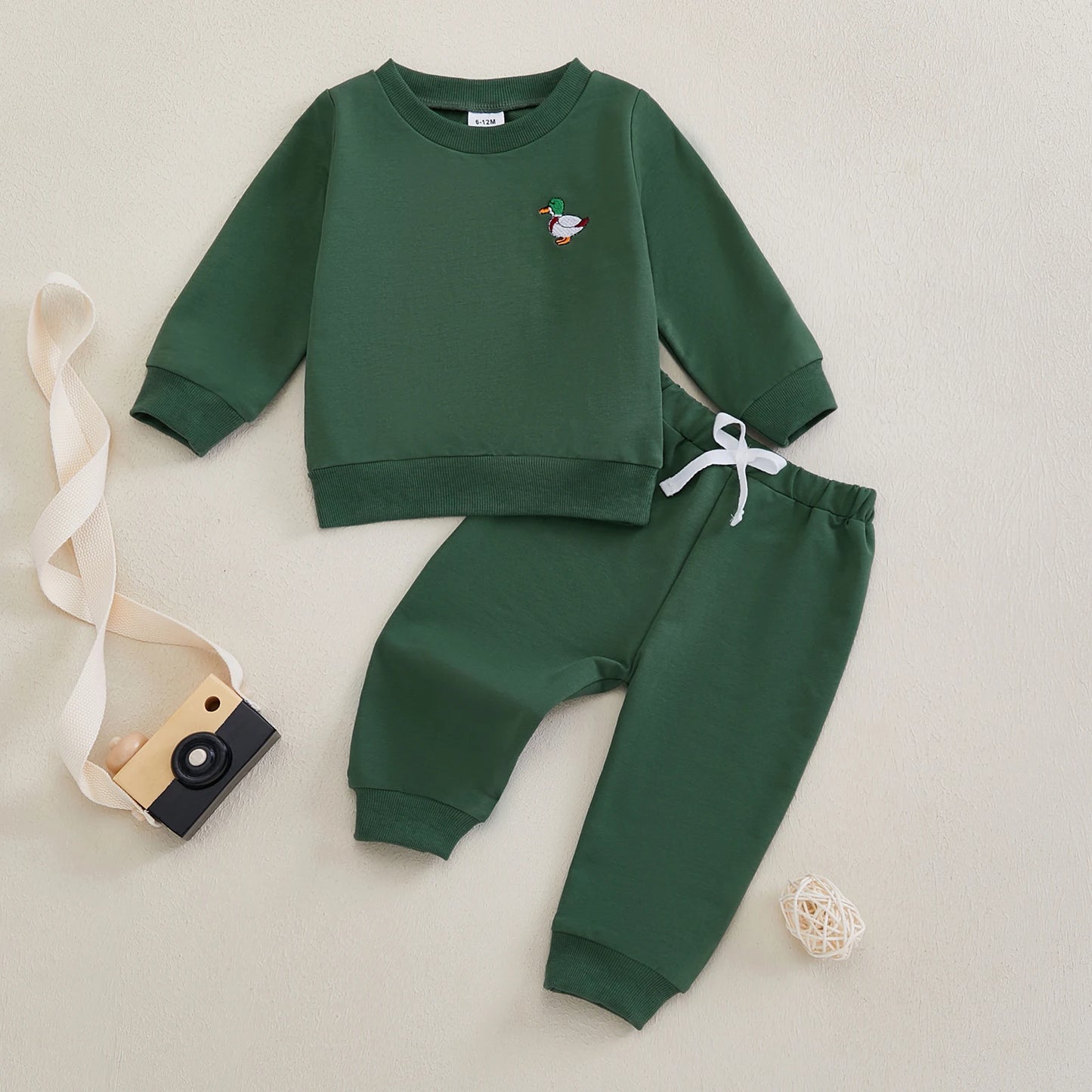 0-4Y Infant Baby Boys Fall Clothes Sets 2pcs Duck Embroidery Long Sleeve Crew Neck Tops with Elastic Waist Pants