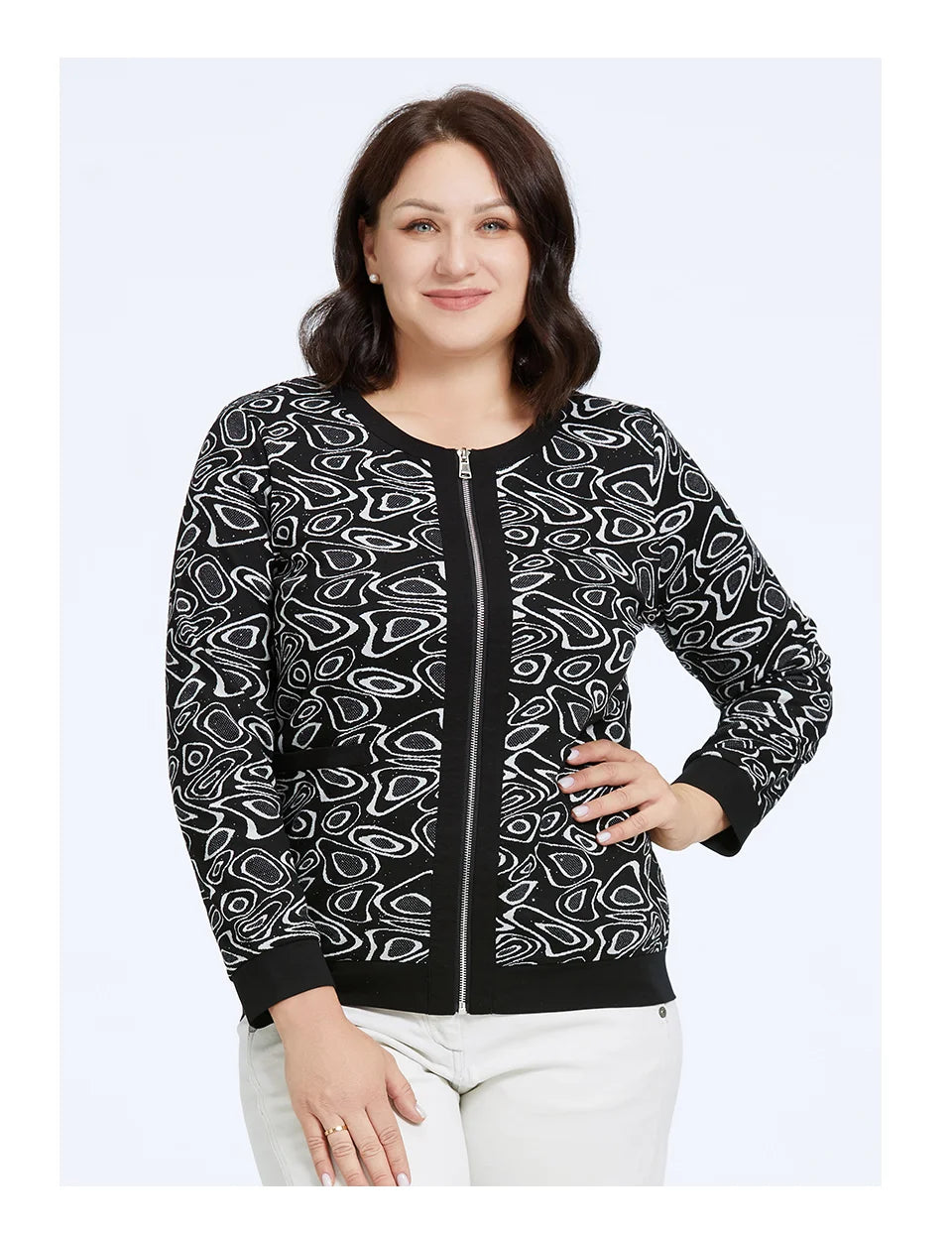 Women's Round Neck Print Windbreaker Zipper Jacket