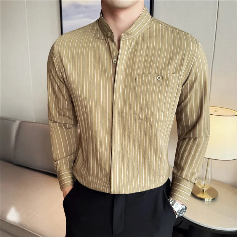 Men's Striped Stand Collar Long Sleeve Single Breasted Shirt