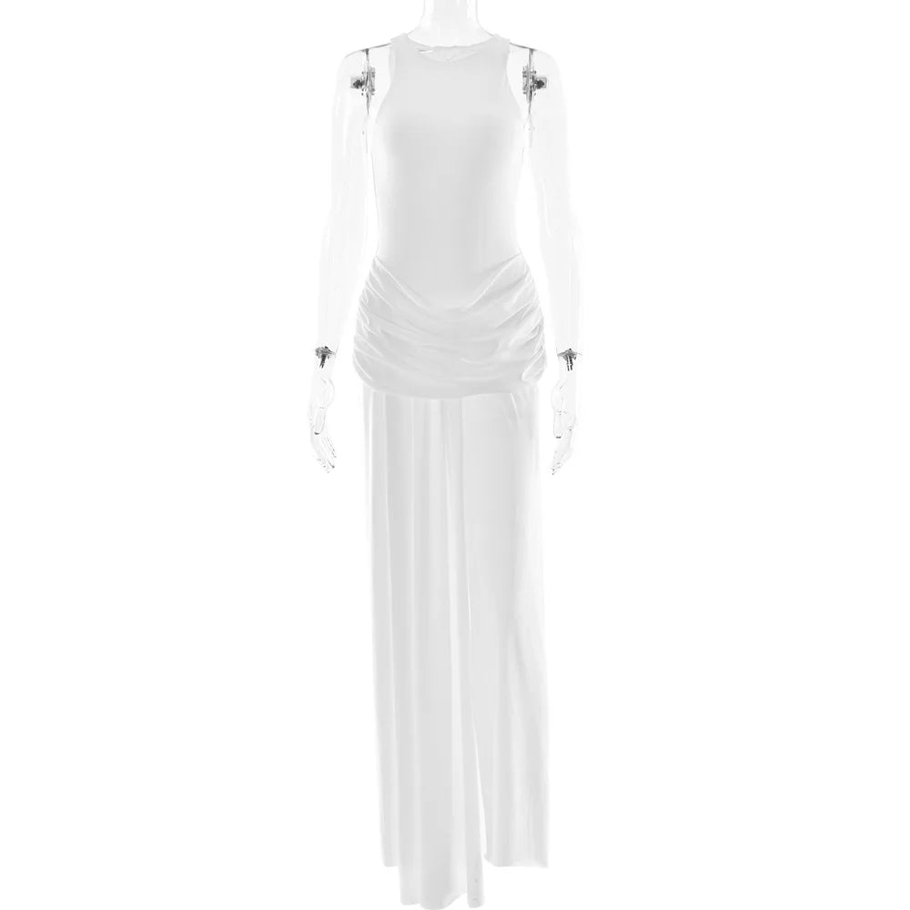 Women's Ruched Split Maxi Dress - Elegant Sleeveless Evening Gown