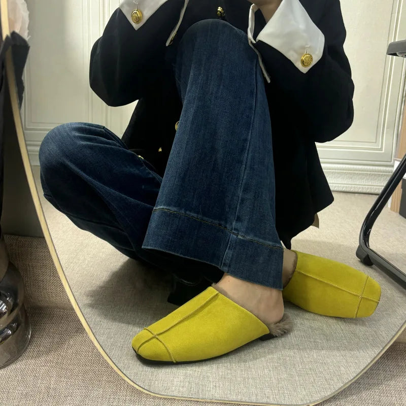 Women's Suede Square Toe Flat Slippers