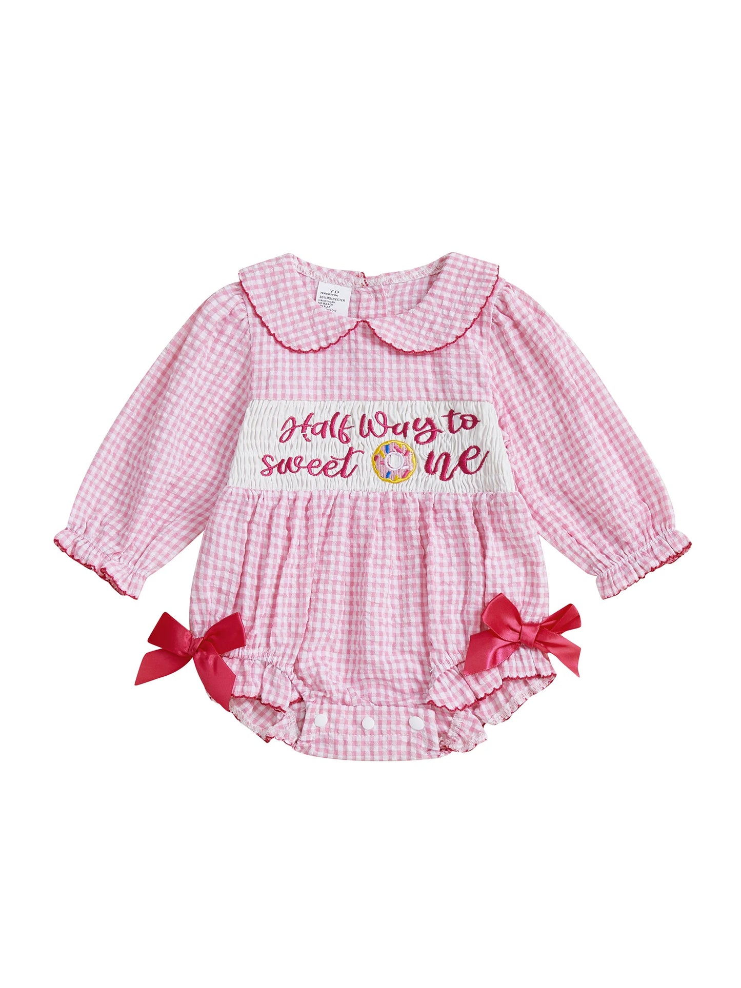 Newborn Baby Girls' Plaid Bubble Romper - Letter Embroidery Doll Collar Smocked Jumpsuit