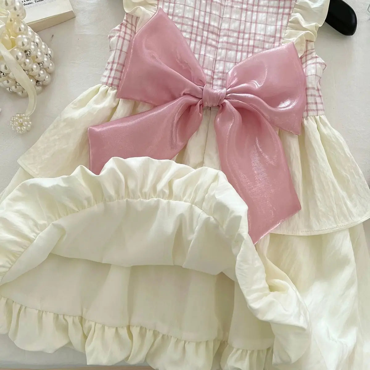 Girl's Summer Round Neck Flying Sleeve Bow Grid Splicing Dress 3-6 years