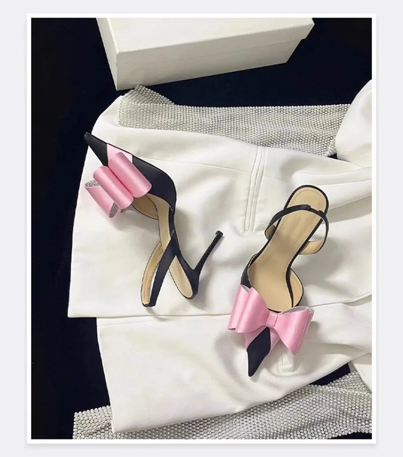 Women's Rhinestone Bowknot Satin Pointed Heel Sandals - Bridesmaid Party Shoes