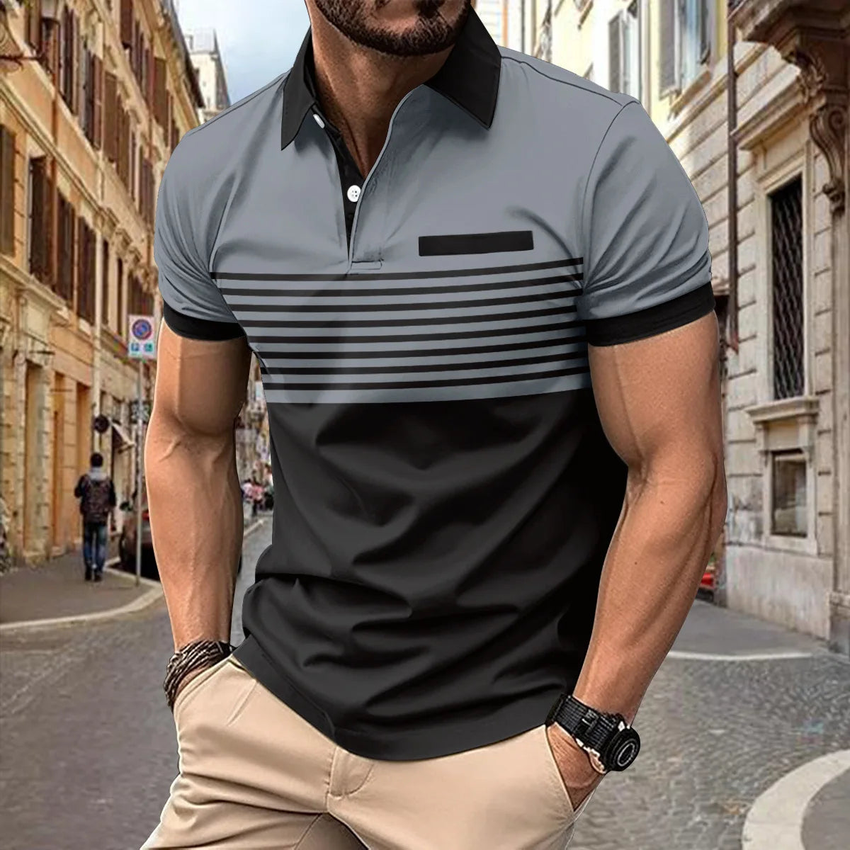 Men's Summer Polo Patchwork Short Sleeve Smart Casual Striped Turn Down Collar Shirt