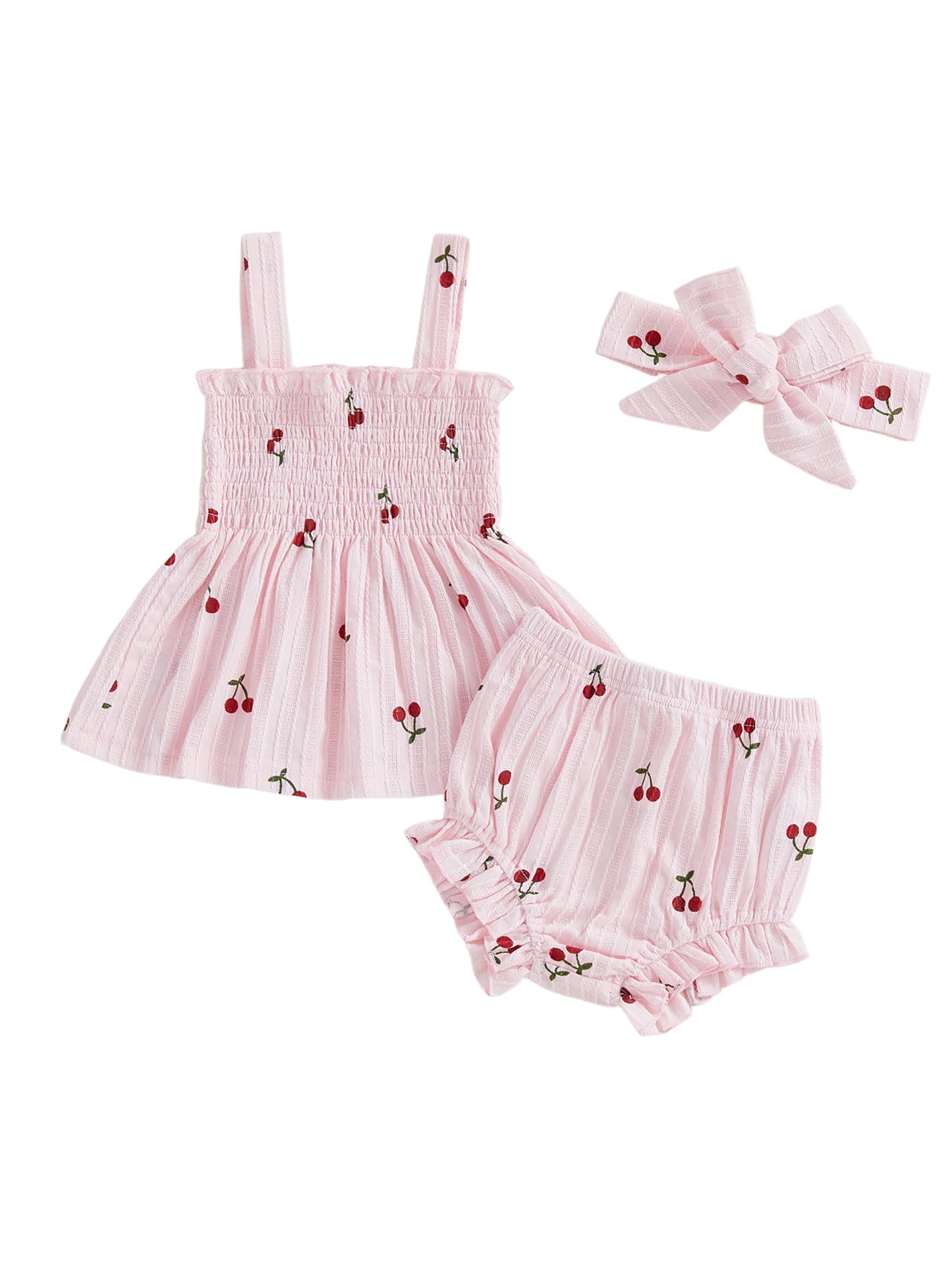 Baby Girls Summer Outfit Set - Cherry Print Square Collar Top with Ruffled Shorts & Headband 0-24M