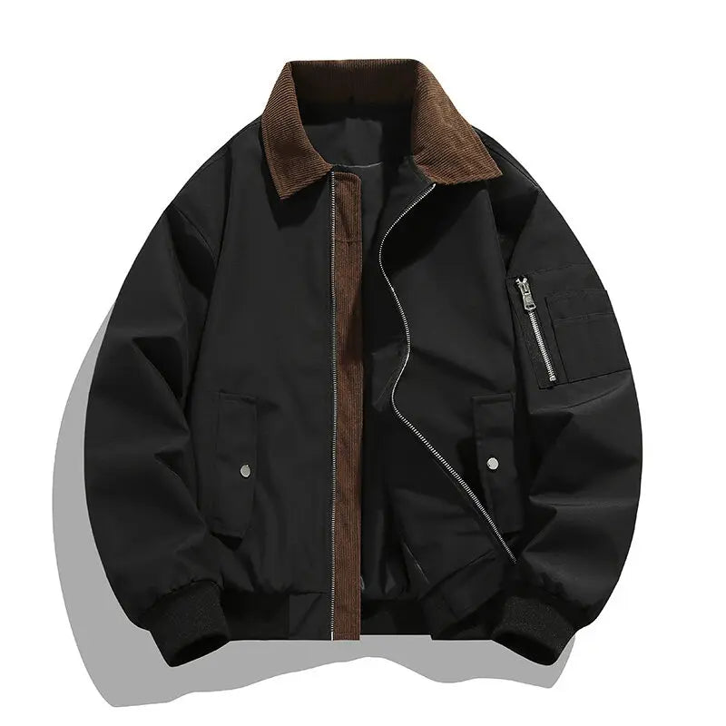 Men's Vintage Cargo Bomber Jacket - Patchwork Turn Down Collar Casual Outerwear