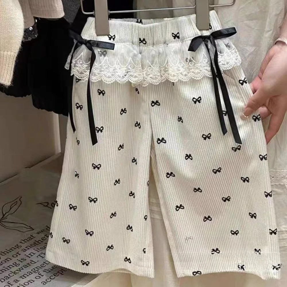 Girl's Summer Bow Print Lace Wide Leg Pants Set 3-6 Years