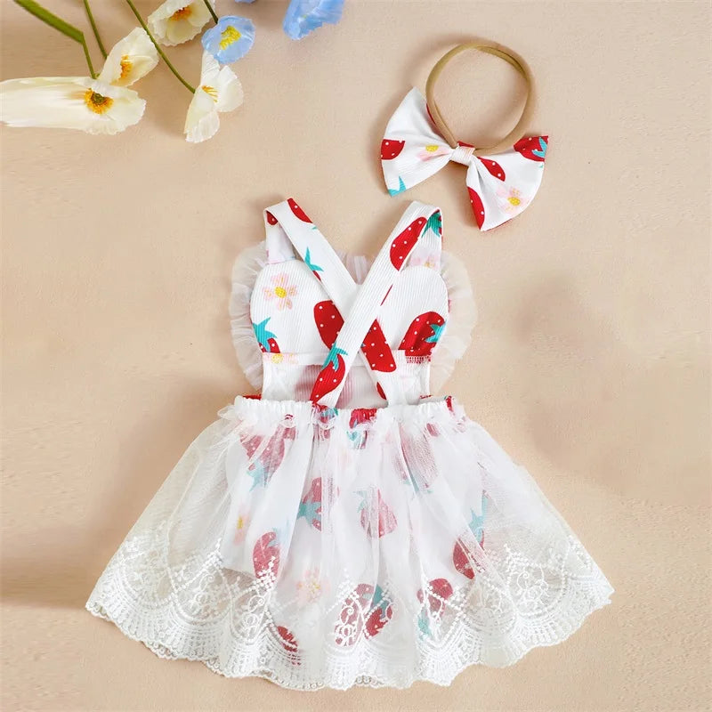 2pcs Valentines Days Baby Girls Romper Dress 0-18M Ruffles Sleeveless Strawberry Print Lace Tulle Jumpsuits Hairband
