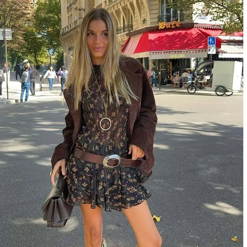 Floral Print High Neck Mini Dress - Long Sleeve Spring Autumn Dress