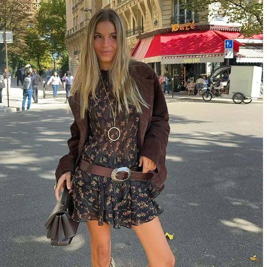 Floral Print High Neck Mini Dress - Long Sleeve Spring Autumn Dress