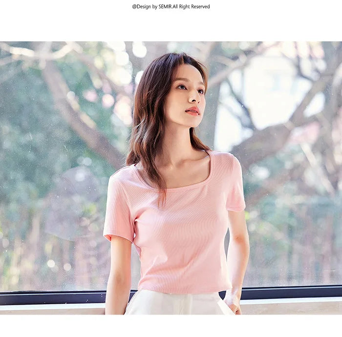 Women's Square Neck Short-Sleeved Slim Fit Top - Versatile Layering Piece