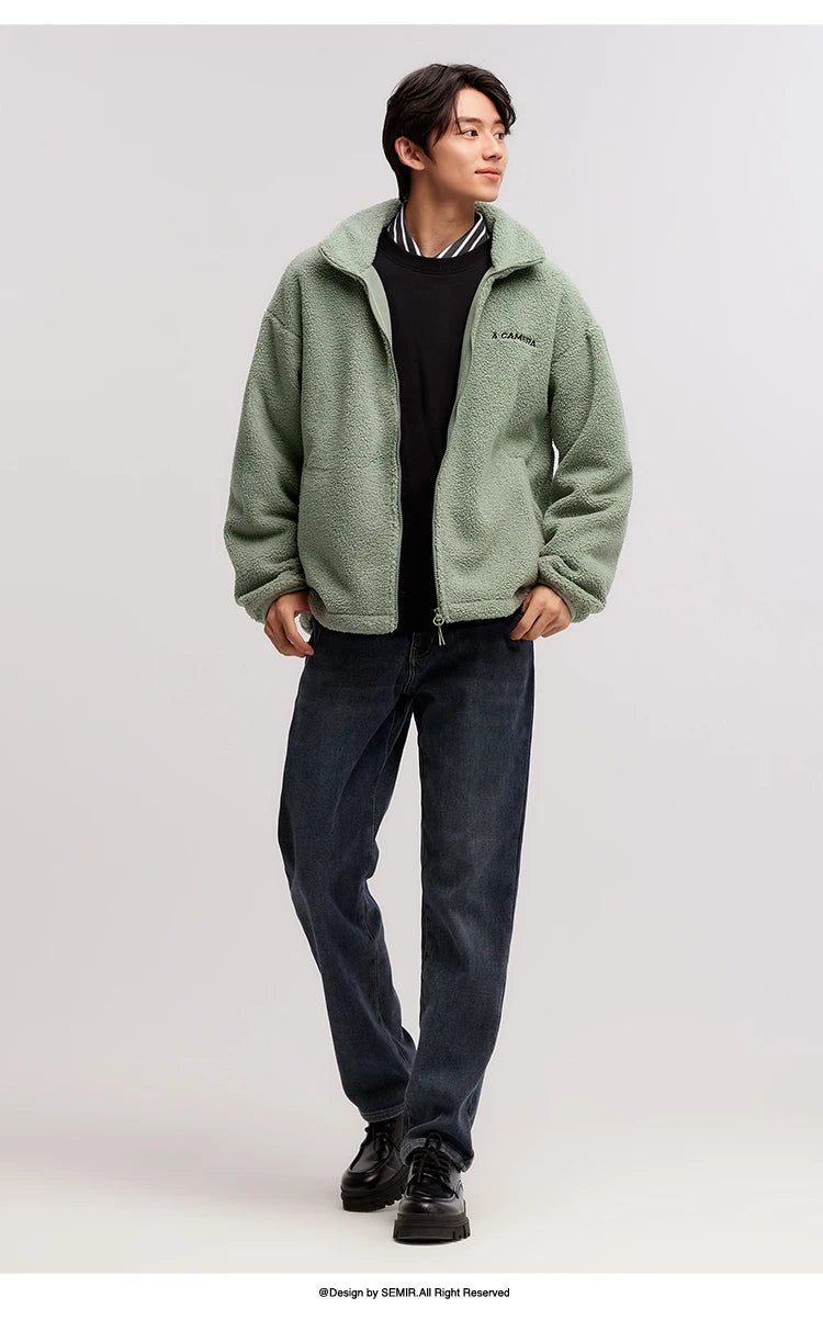 Men's Loose Fit Fleece Jacket - Plush Embroidered Stand Collar Winter Coat