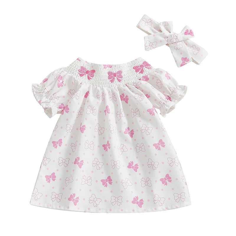 Baby Girls Summer Dress Set - Puff Sleeve Heart & Bow Embroidery with Headband