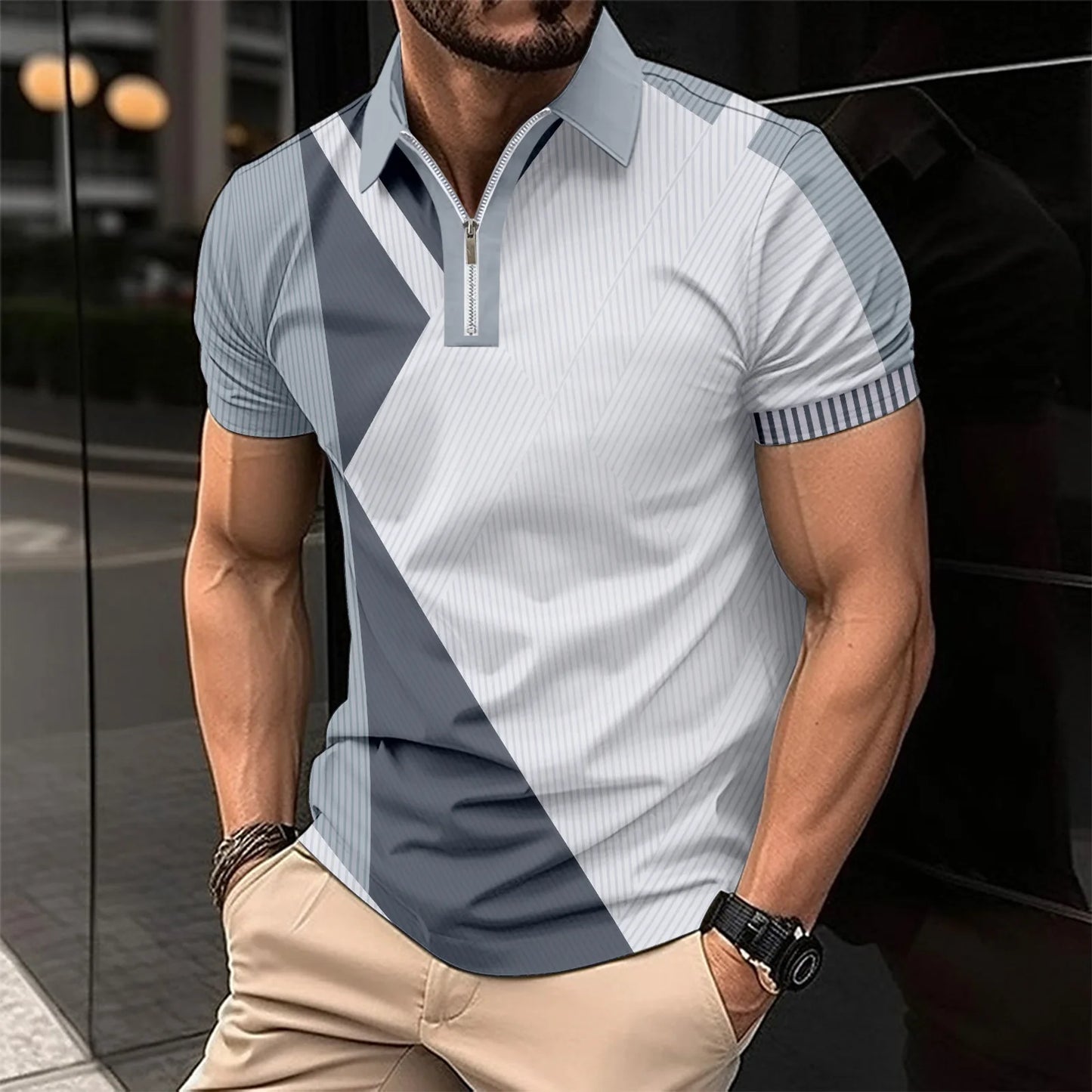 Men's Summer Print Patchwork Turn Down Collar Short Sleeve Sports Casual Polo  Zipper Shirt