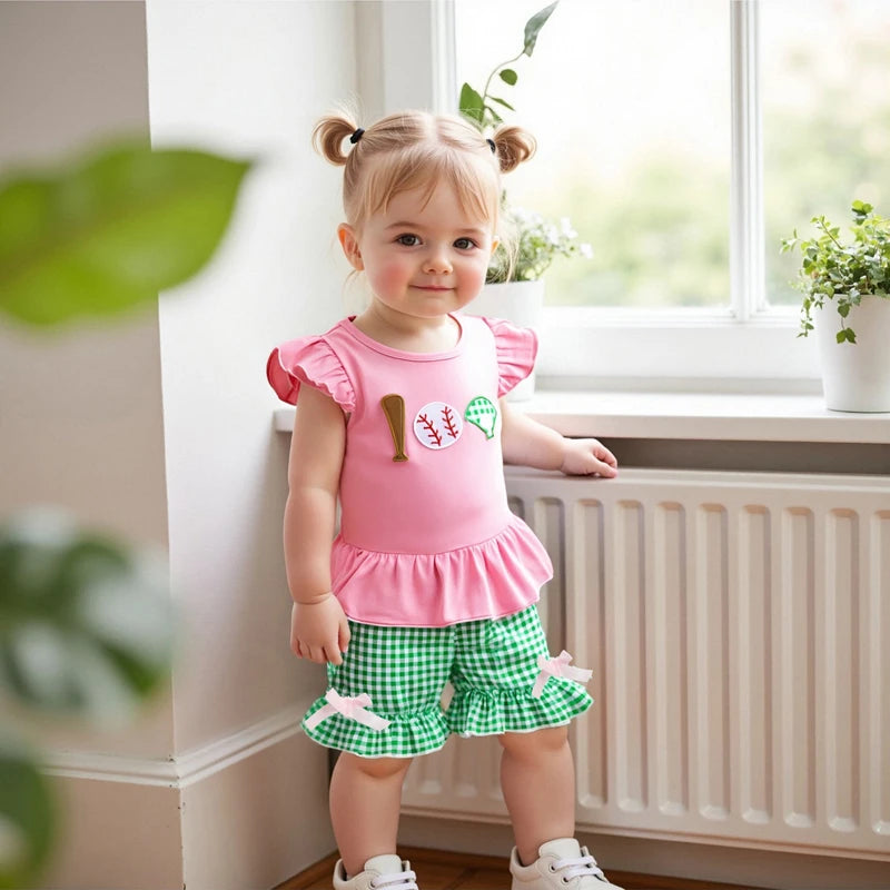 Baby Girls Summer Clothes Set - Baseball Embroidery Ruffle T-Shirt & Shorts