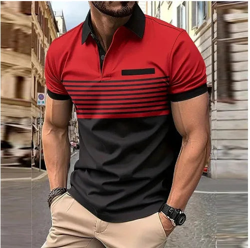 Men's Summer Polo Patchwork Short Sleeve Smart Casual Striped Turn Down Collar Shirt
