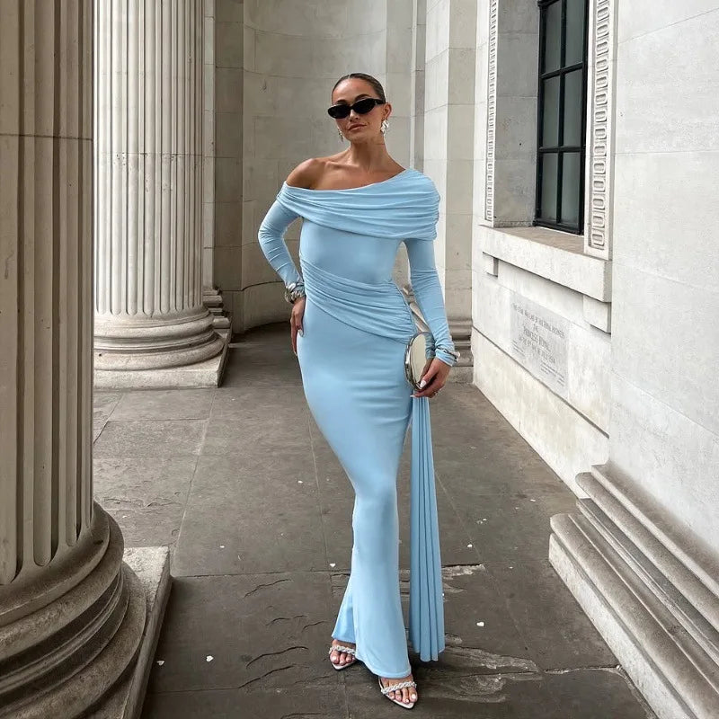 Women's Elegant Asymmetrical Ruched Maxi Dress - Long Sleeve Bodycon Gown