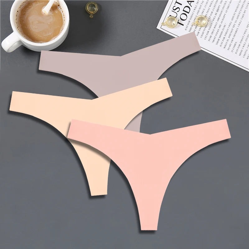 3PCS Women Ice Silk Seamless Underpants Panties, V-Waist Sport Thongs Low Rise 10 Solid Colours Breathable G-string