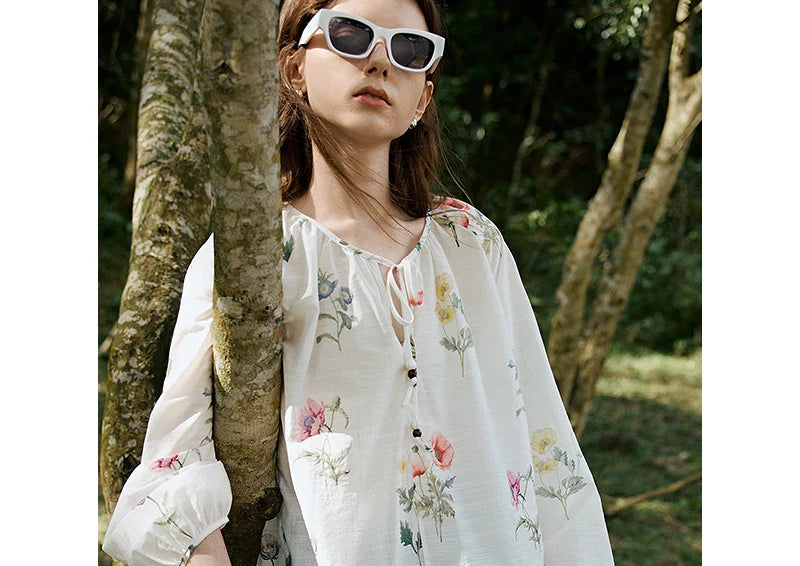 Women's Linen Blend Floral Print Blouse | Lantern Sleeves | O-Neck | Loose Fit | White | Spring Summer
