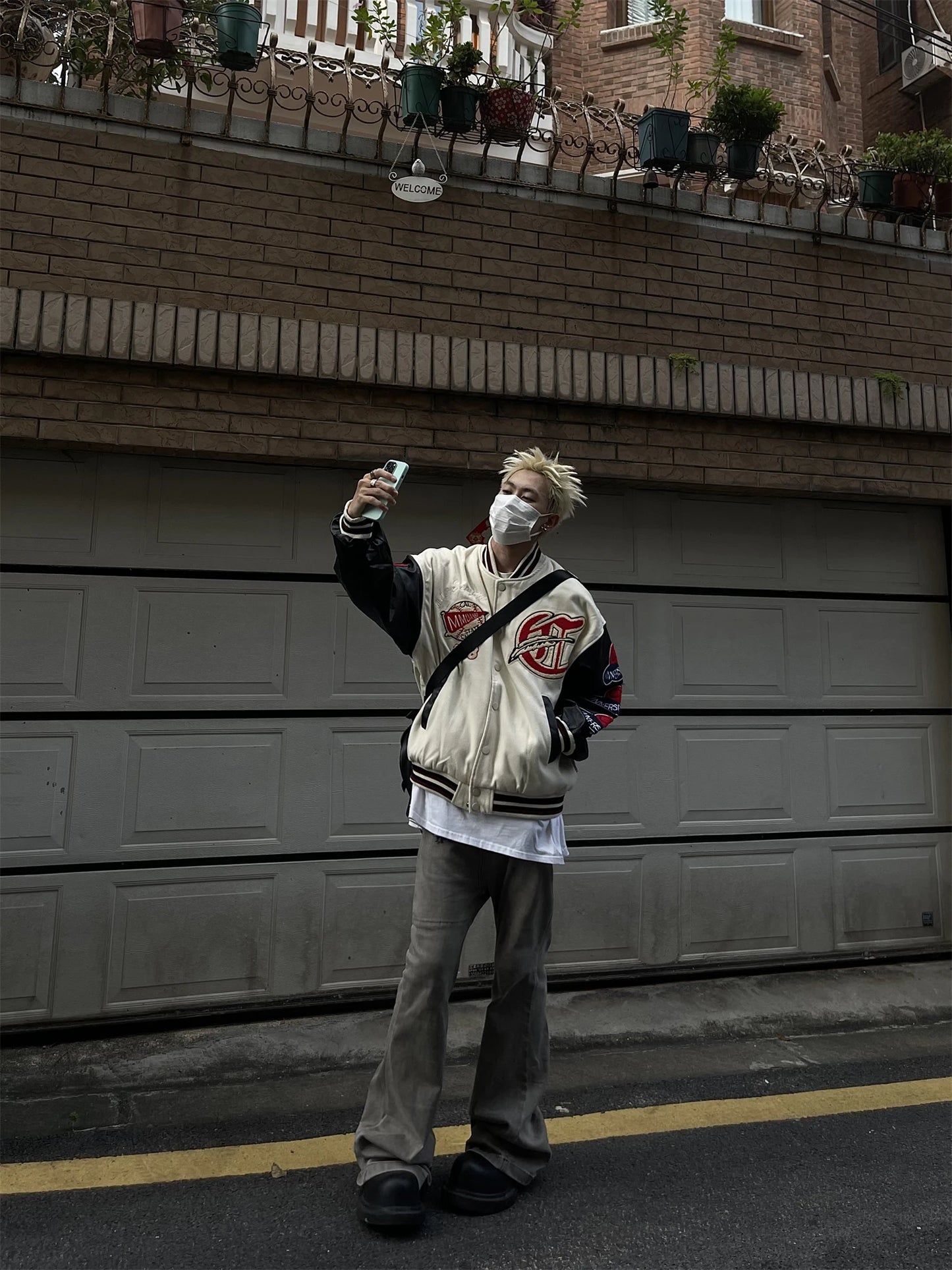 Men's Vintage Flocked Embroidery Patchwork Varsity PU Leather Sleeve Baseball Jacket