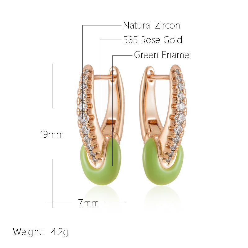 Women's Natural Zircon 585 Rose Gold Colour Green Enamel Drop Earrings