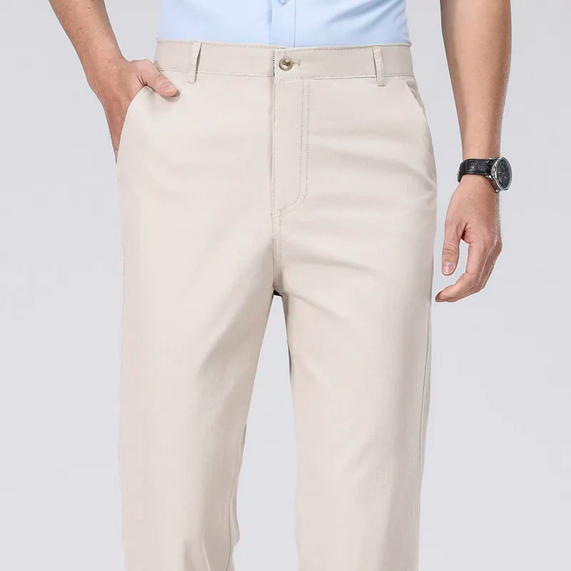 Men's Spring Summer Cotton Smart Casual Lightweight Zipper Fly Straight Breathable Trousers