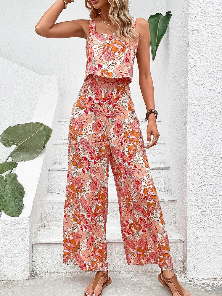 Women Elegant Long Jumpsuit - Backless Wide Leg Jumpsuits Casual Sleeveless Floral Summer Jumpsuit