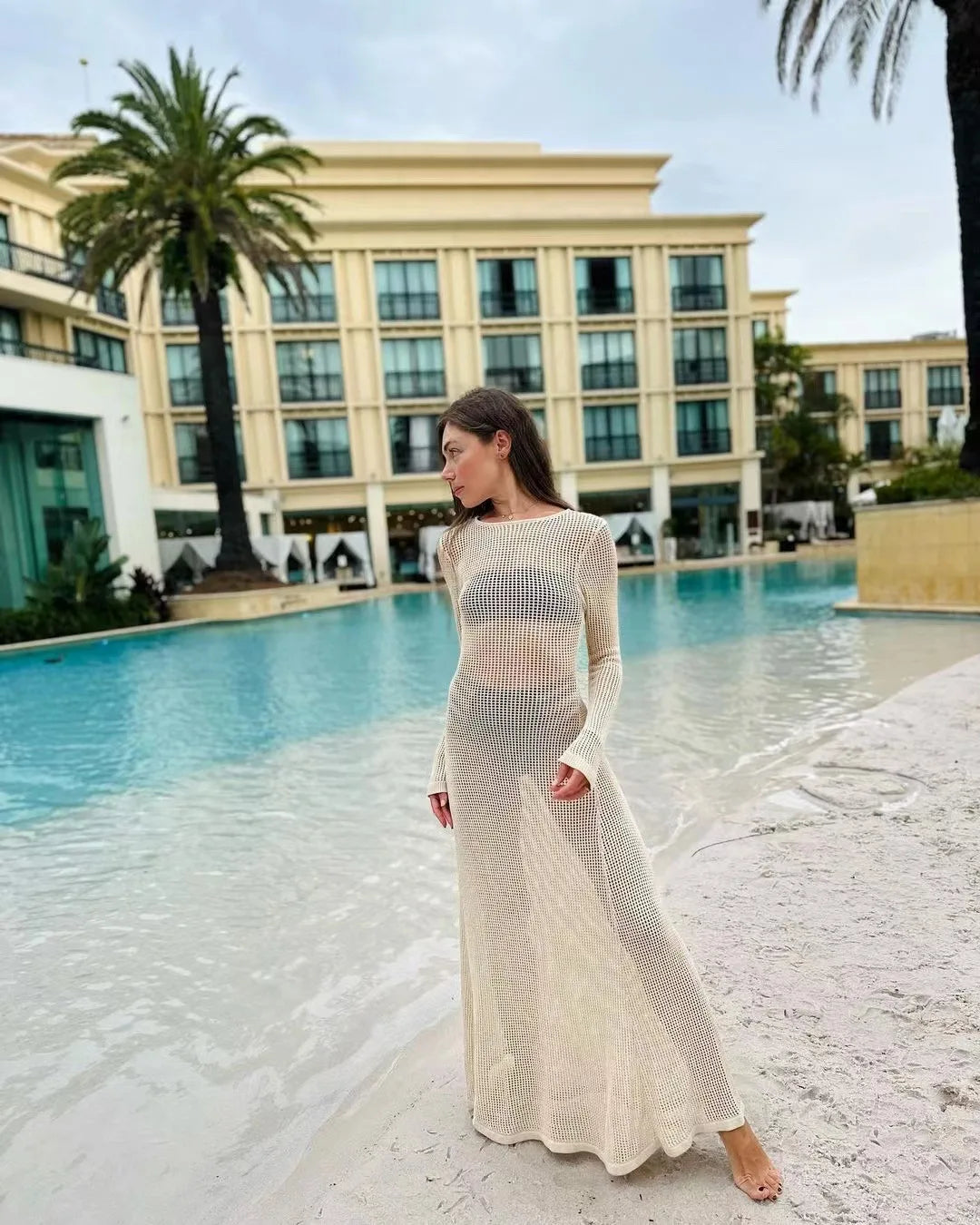 Women's Hollow Out Knit Maxi Dress - Beachwear Long Sleeve Cover-Ups Long Dress