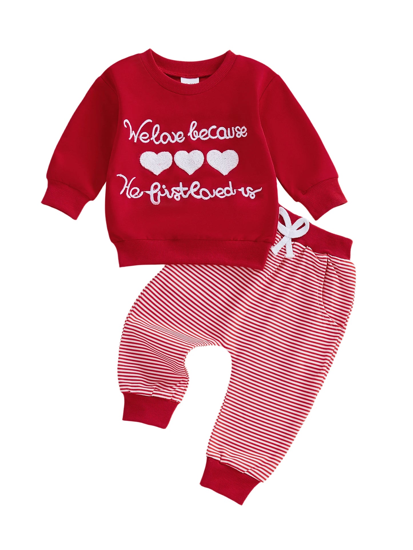 Valentine's Day Baby Boys Outfit Set - Heart Embroidery Sweatshirt & Stripe Pants
