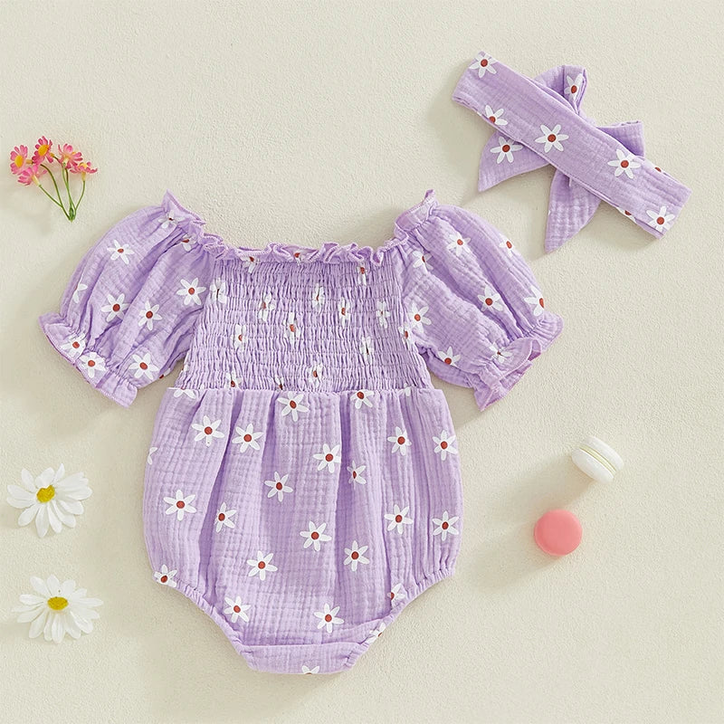 Baby Girls Summer Sunflower Romper - Off Shoulder Jumpsuit with Headband (0-18M)