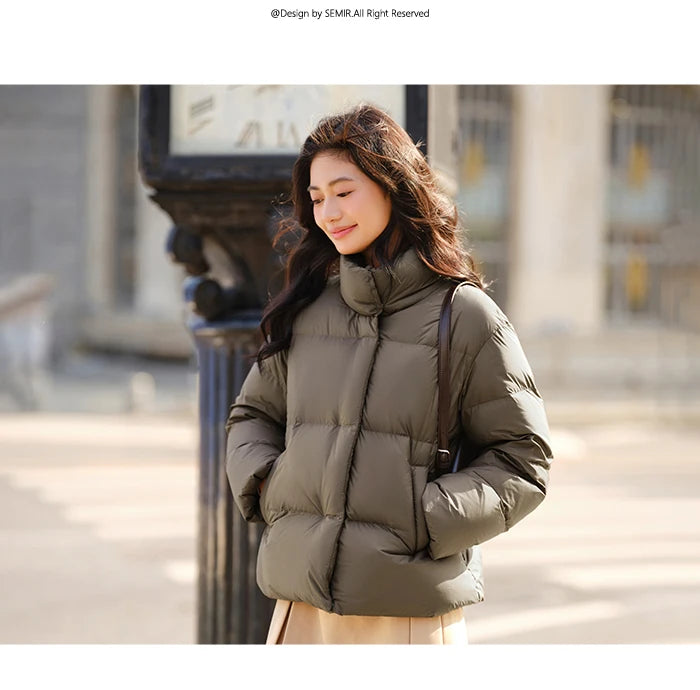 Down Jacket Women Three-Proof Solid Color Stand-Up Collar Loose Simple Winter Versatile Goose Warm