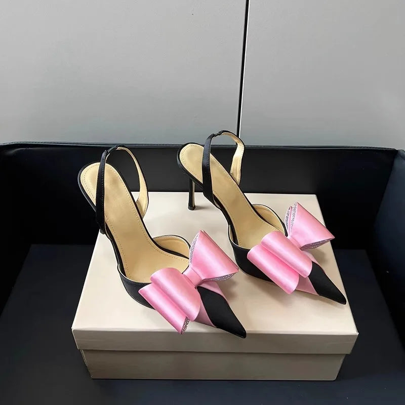 Women's Rhinestone Bowknot Satin Pointed Heel Sandals - Bridesmaid Party Shoes