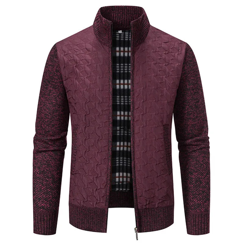 Men's Autumn Winter Slim Stand Collar Knitted Outerwear Coat Casual Knit Patchwork Jacket