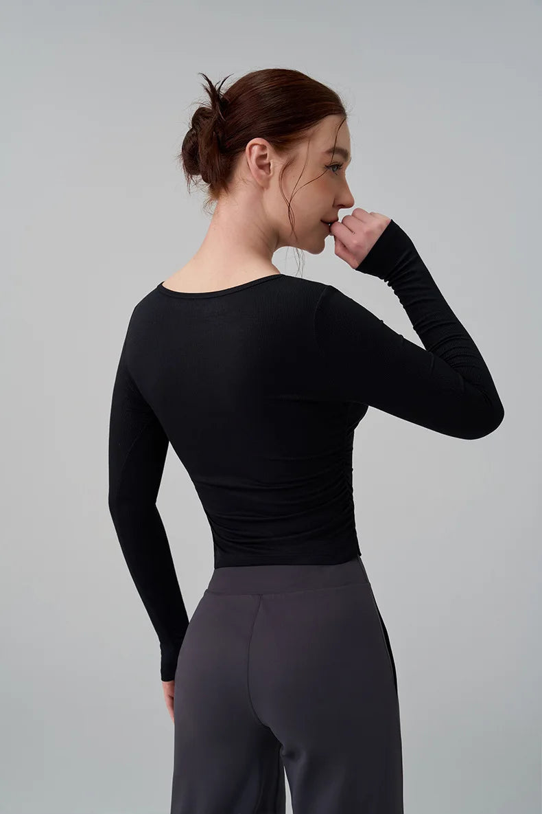 Ribbed Gym Top - Long Sleeve Drape Sides Yoga Shirt with Dry Fit