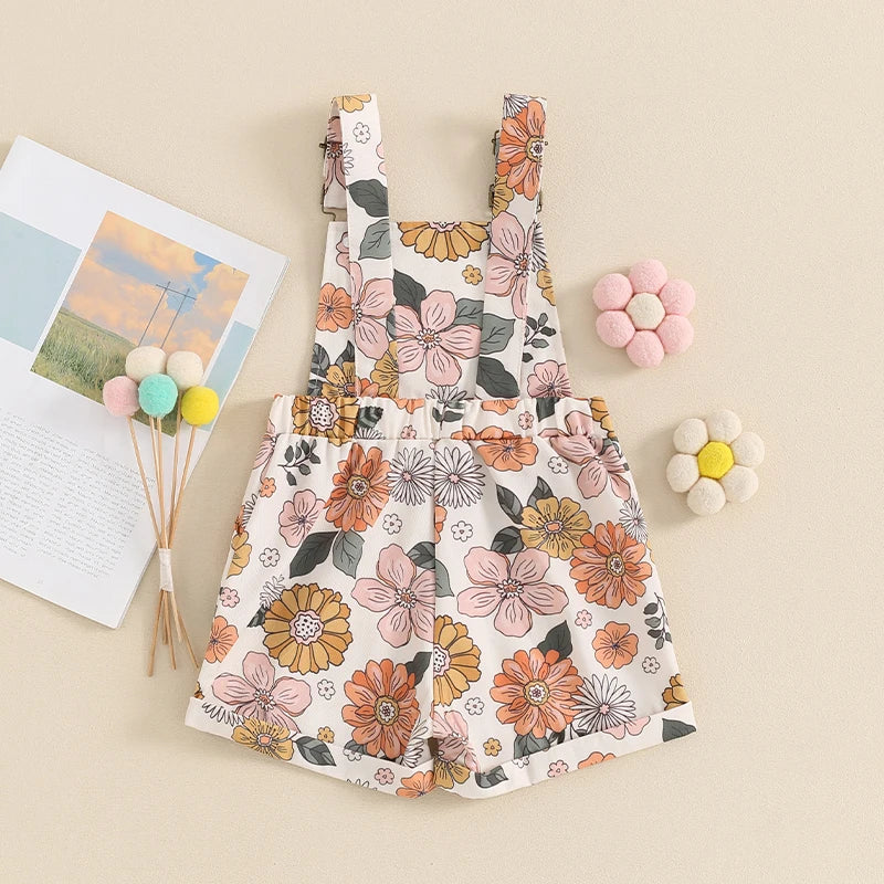 Kids Girls Overalls Shorts 0-6Y Sleeveless Straps Strawberry/Flower Print Denim Button Pocket Jumpsuit